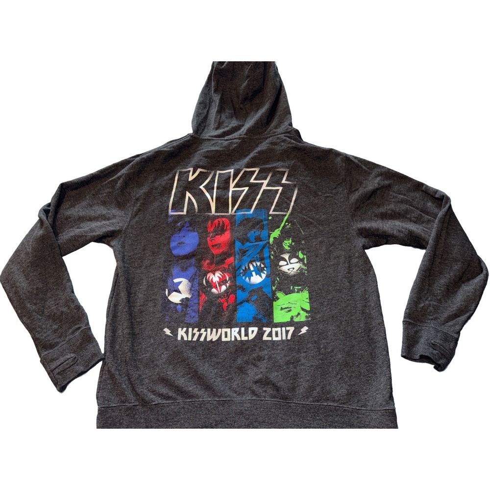 Authentic KISS KISSWORLD 2017 Sz L Charcoal Gray Zip-Up Graphic Hoodie